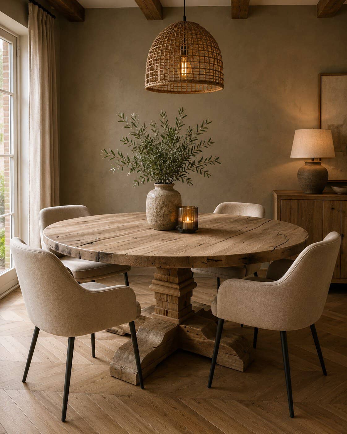 Oud eiken ronde tafel dia 150 cm geborsteld, 1x gerookt met eiken kolompoot