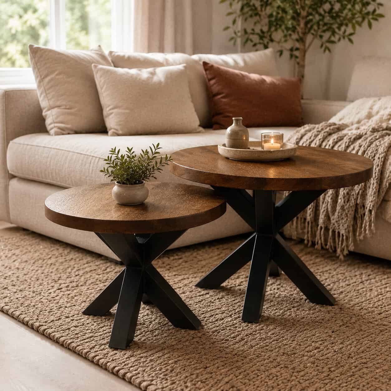 Ronde eiken salontafels dia 60 en 50 cm, hoogte 45 en 38 cm kleur Cortago met zwart spinpoten koker 6x6 cm