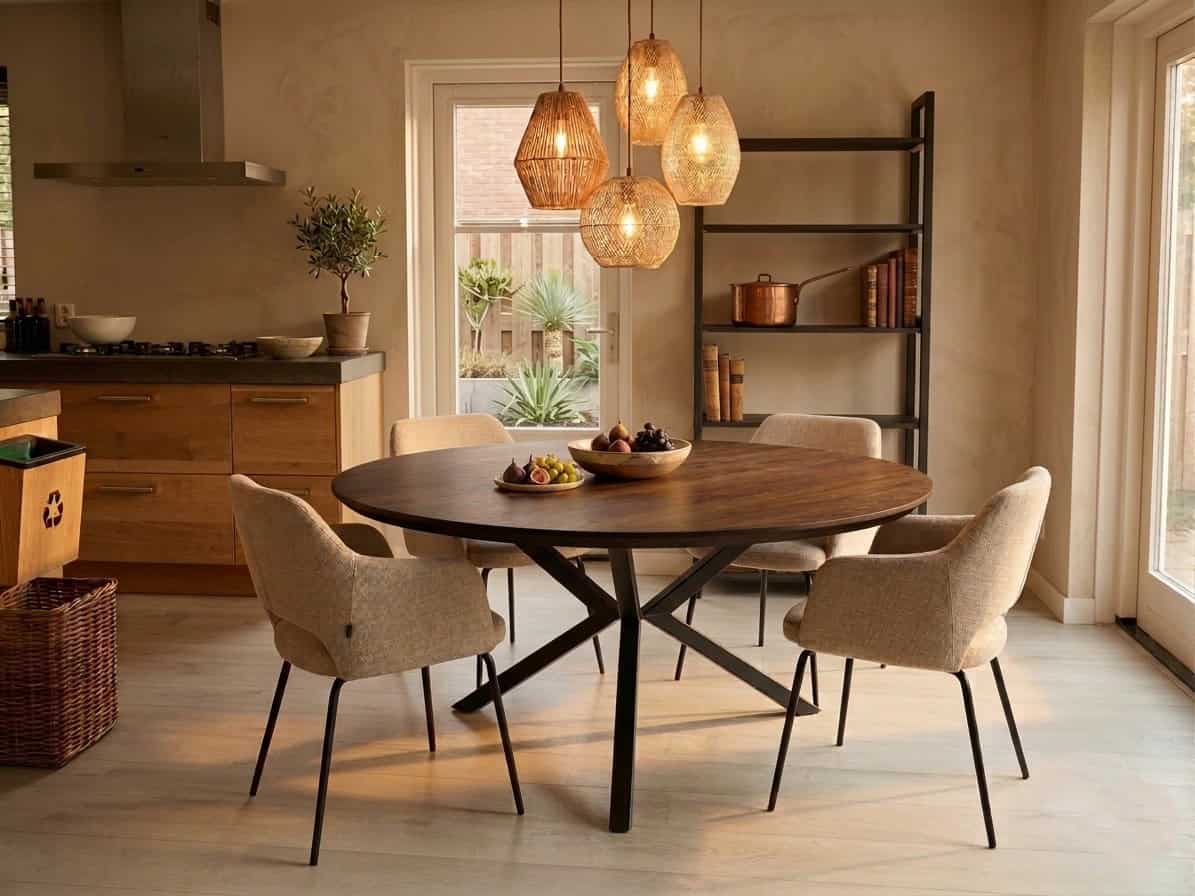 Ronde eiken tafel dia 160 cm met verjongde rand. Kleur Chocolate. Onderstel drie-poot Koker 5x5 cm, zwart pc